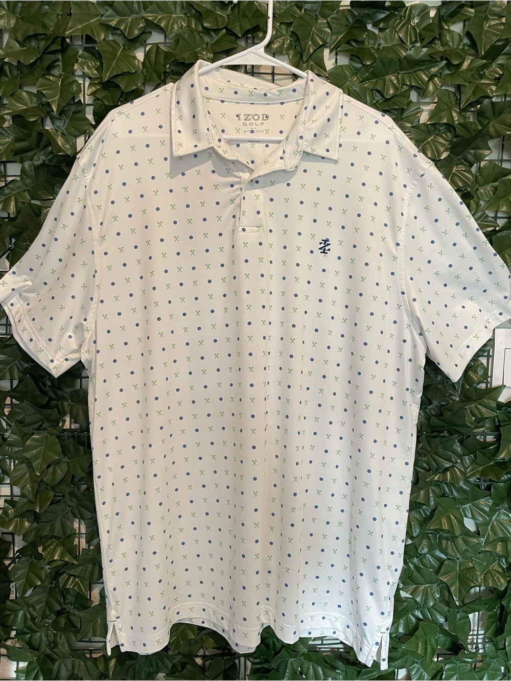 Izod White Polo with Green & Blue Micro Dot Print